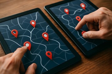 A person's hands interacting with two tablets displaying map with location markers. 
