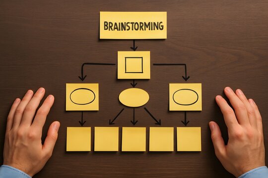 Brainstorming process on a wooden desk with yellow notes. 