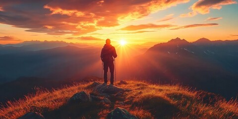 Obraz premium Silhouette of a hiker standing on a mountain peak watching a vibrant sunrise over distant mountain ranges with glowing sky and scattered clouds