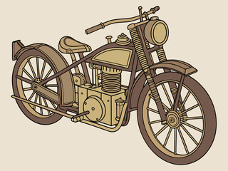 Detailed brass 3d early steam powered motorcycle replica vector illustration