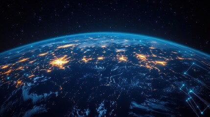 Obraz premium Curved view of Earth at night showing illuminated city lights and dark ocean under a starry sky with subtle glowing blue lines representing digital connections