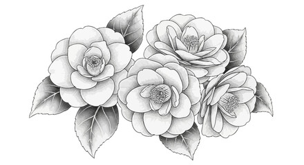 Monochrome camellia blossom cluster with delicate leaf illustrations
