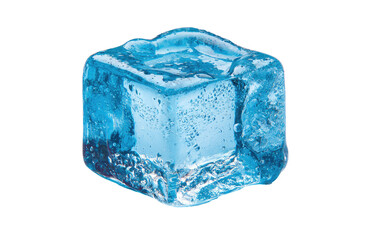 Obraz premium Close-up of a single, square-shaped ice cube. Its edges are slightly uneven, and the surface shows subtle texture and tiny air bubbles. A vibrant, light-blue hue fills the cube
