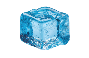 Close-up of a single, square-shaped ice cube.  Its edges are slightly uneven, and the surface shows subtle texture and tiny air bubbles.  A vibrant, light-blue hue fills the cube