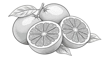 Monochrome illustration of grapefruit composition with leaves and slices