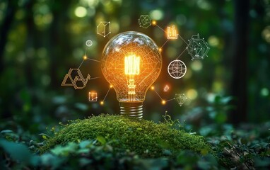 Glowing light bulb sitting on green moss with digital scientific and geometric icons floating around it in a natural forest environment, symbolizing innovation and sustainable ideas