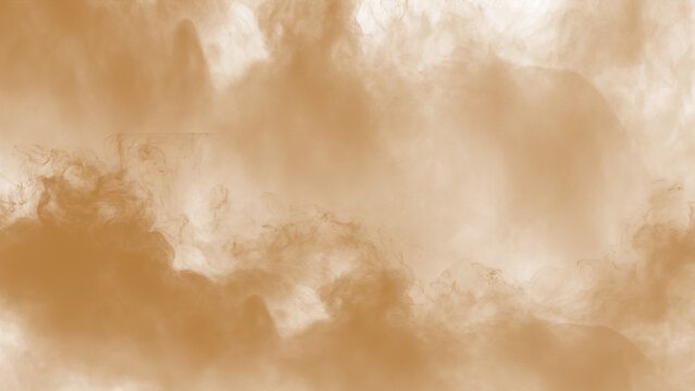 Brown dust sand soil smoke cloud particles isolated on a transparent background. Sandstorm effect, smog, dust explosion rising, Smoke fog overlay effect. Blurred soil dust.