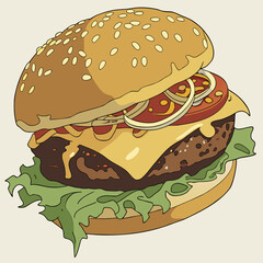 Delicious 3d cheeseburger illustration with sesame seed bun and melted cheese