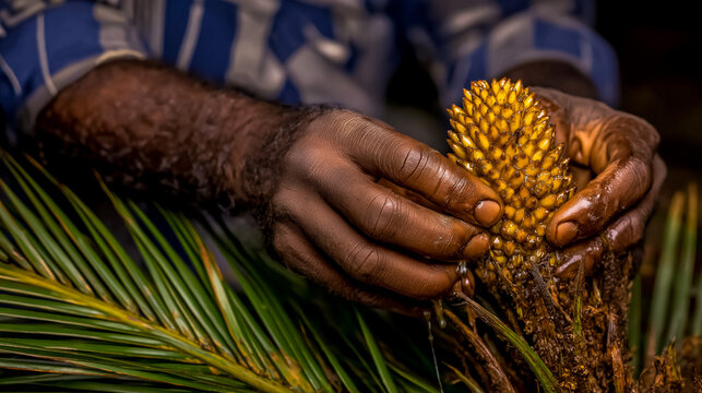 A kithul tapper in a palm orchard harvesting sap from an inflorescence