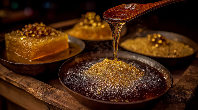 Time-lapse style composition of sap-to-treacle transformation with steam and bubbling pans