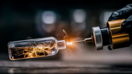 A close-up of a clean glass vial being heated briefly in a portable heat-shock unit
