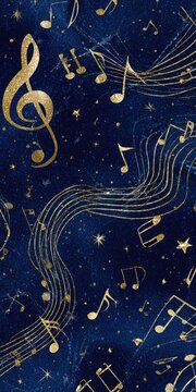 A navy blue background strewn with gold musical notes, a treble clef, and stars, creating a celestial music-themed pattern