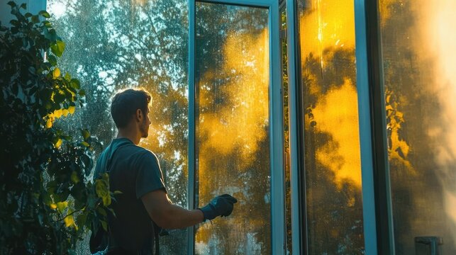 man wearing gloves cleaning large glass window with greenery outside and warm sunlight casting shadows - Powered by Adobe
