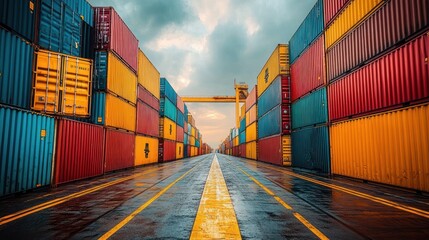 Fototapeta premium Long wet pathway between tall stacks of colorful shipping containers under a cloudy sky during sunset