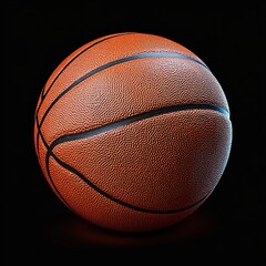 Close-up image of an orange textured basketball on a dark background with black lines and dim lighting highlighting its surface