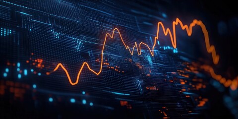 Dynamic orange fluctuating line graph overlaying digital blue and orange data points on a dark grid background representing financial or technical data analysis