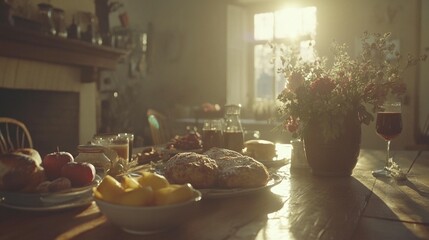 A sun-drenched table laden with pastries, fruit, and drinks in a cozy home