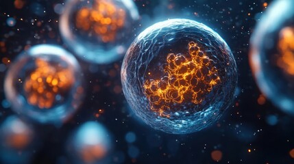 Naklejka premium Close-up view of glowing orange molecular structures inside transparent spherical cells floating in a dark blue environment, evoking a sense of advanced microscopic science
