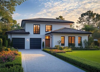 Modern two-story house with illuminated windows at dusk surrounded by manicured lawn, colorful flower beds, and neatly trimmed bushes under a partly cloudy sky