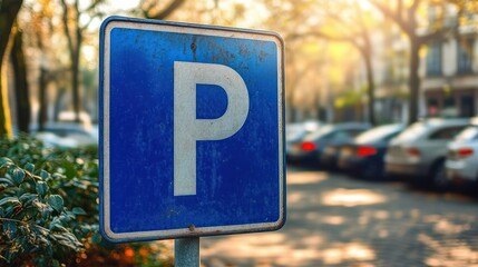 Close-up of a weathered blue parking sign with white letter P beside a street with cars parked and sunlit trees in the background