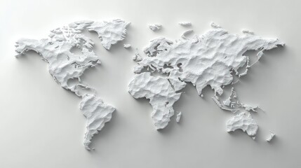 Three-dimensional textured white world map relief showing continents and islands with shadows on a light background