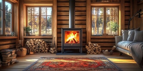 Cozy wooden cabin interior with a burning fireplace, large windows showing autumn forest outside, logs stacked neatly, comfortable couch, and warm sunlight streaming in