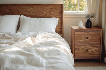 Cozy bedroom scene with a wooden bed frame, white pillows and comforter, next to a wooden nightstand holding two vases with dried flowers, soft natural sunlight through window
