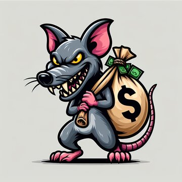 Cartoon rat character clutching a moneybag, with a sly grin and evil eyes