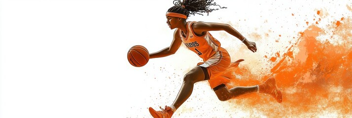 female basketball player in orange uniform dribbling basketball with dynamic motion and vibrant orange splash background
