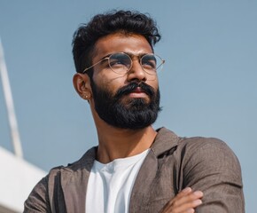 Fototapeta premium A confident man with a substantial beard and round glasses gazes thoughtfully into the distance against a clear, light-blue sky.