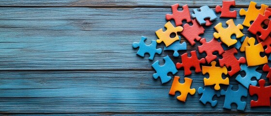 Scattered colorful red, yellow, and blue puzzle pieces on rustic blue wooden surface symbolizing creativity and challenge