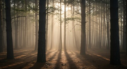 Obraz premium Sunlight streams through a dense forest, creating long shadows and a misty atmosphere among the tall trees.