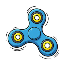 A vibrant blue hand spinner toy, illustrated in a fun cartoon style with bold black outlines, is shown spinning rapidly against a solid black background.
