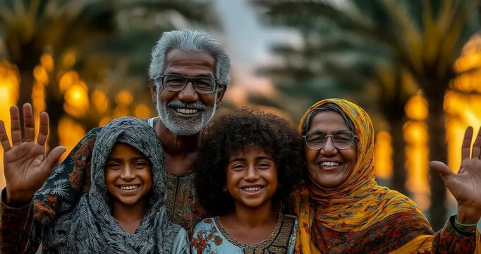A joyful portrait of a multi-generational farming family standing in front of their palms at sunrise