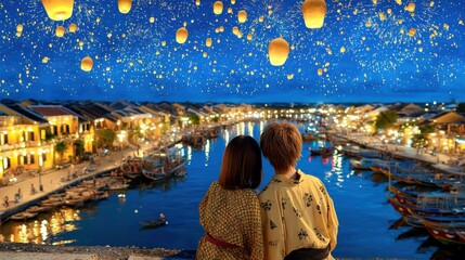 Romantic lantern festival riverside town night scene serene atmosphere couple's viewpoint cultural experience
