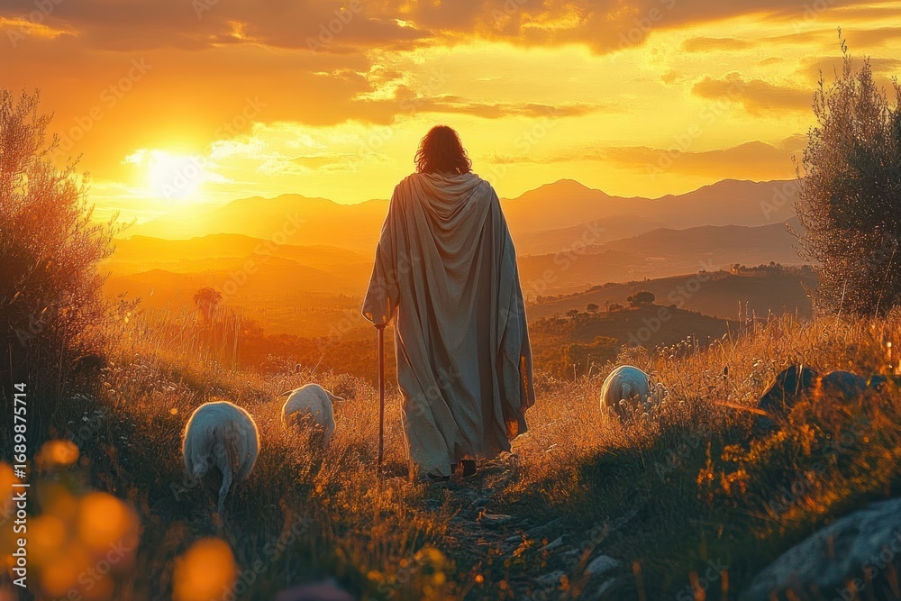 Wall mural a person in a cloak walking on a path through a field at sunset surrounded by grazing sheep with mou