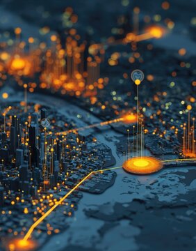 A stylized 3D rendering of a city at night, illuminated with glowing orange lines connecting various points, depicting a network or data flow