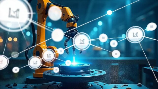 Robotic and automated production, infographics on industrial background.