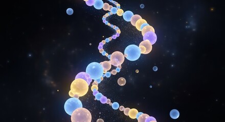 Abstract DNA Spiral with Glowing Colored Spheres