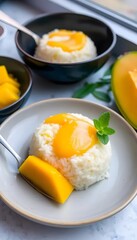 Delicious mango sticky rice dessert served on a plate with fresh mango slices and mint garnish