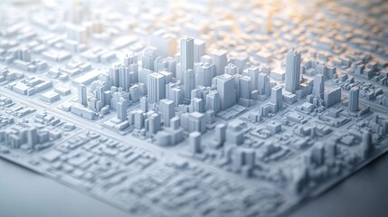 Close-up view of a detailed, small-scale architectural model of a city with various high-rise buildings and urban blocks lit by soft, natural light creating a serene atmosphere