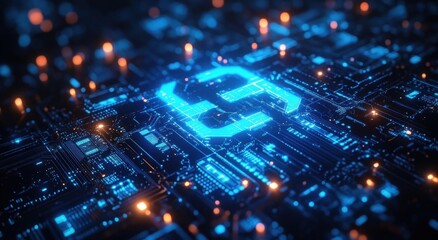 Obraz premium Close-up view of a glowing blue digital shield icon embedded in a high-tech circuit board surrounded by illuminated electronic components and orange light points