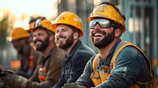 Group of smiling construction workers wearing yellow helmets and work gear taking a break at a building site with warm daylight