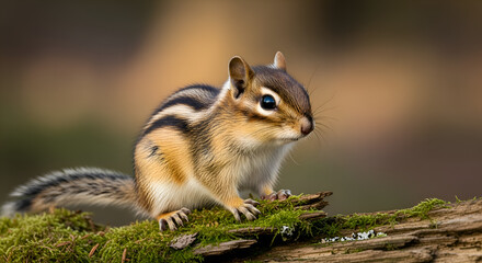 Adorable Chipmunk Perched on Moss-Covered Branch