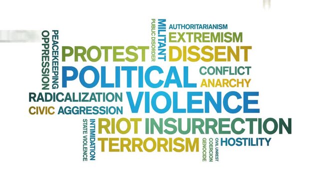 Political Violence animated word cloud-text design animation tag kinetic typography seamless loop.