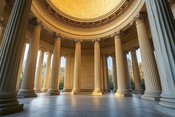Spacious classical rotunda with tall fluted columns under a large ornate domed ceiling bathed in warm natural light