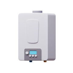 A modern, white tankless water heater with a digital display and control panel, rendered in as an isolated icon for home appliance and utility concepts.