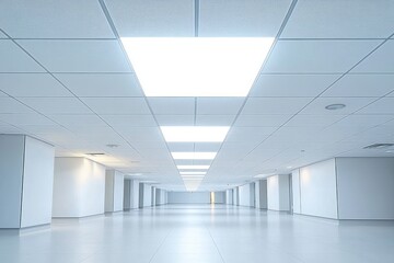 Fototapeta premium Empty modern office space with white tiled ceiling lights, polished floor, and white walls extending into the distance, creating a bright and clean atmosphere