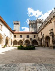 Obraz premium Scenic view of a historic castle courtyard under blue sky