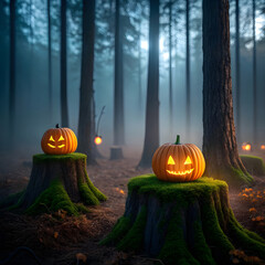 Two Jack-o'- Lanterns on Mossy Tree Stumps in a Forest